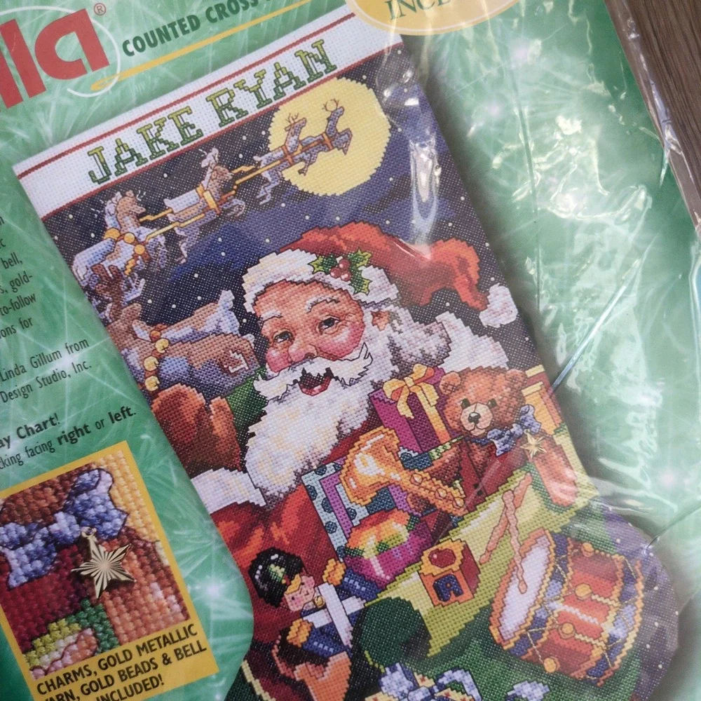 NOS Vtg 90's Bucilla Christmas Stocking Kit Santa Sleigh Toy Cross Stitch 84105